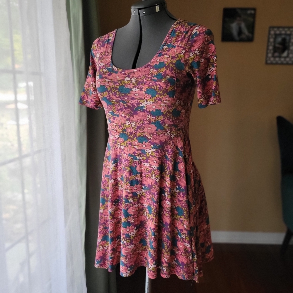 Floral Pink Blue Skater Mini Dress Cottagecore Scoop Neck Forever 21 H81 Small